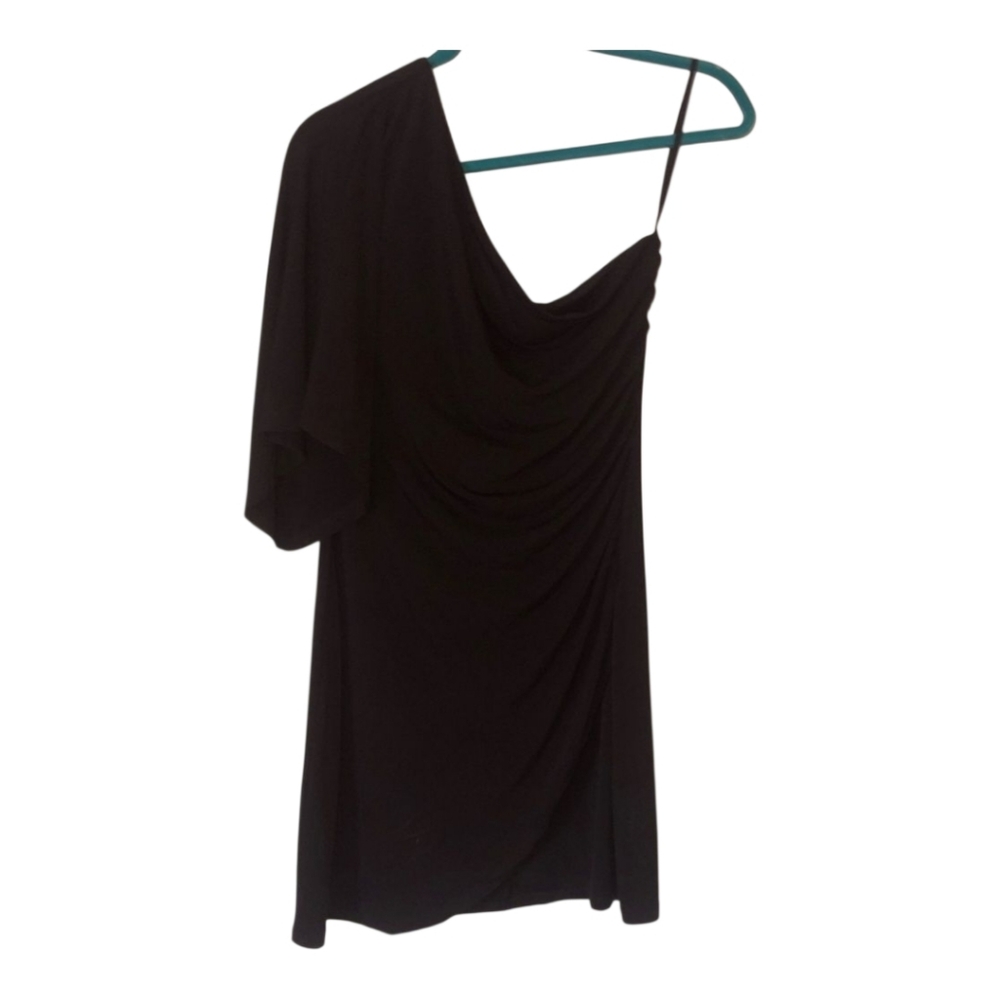 Sweet Storm Chic Black Ruched One-Shoulder Short Bell Sleeve Stretch Dress Large